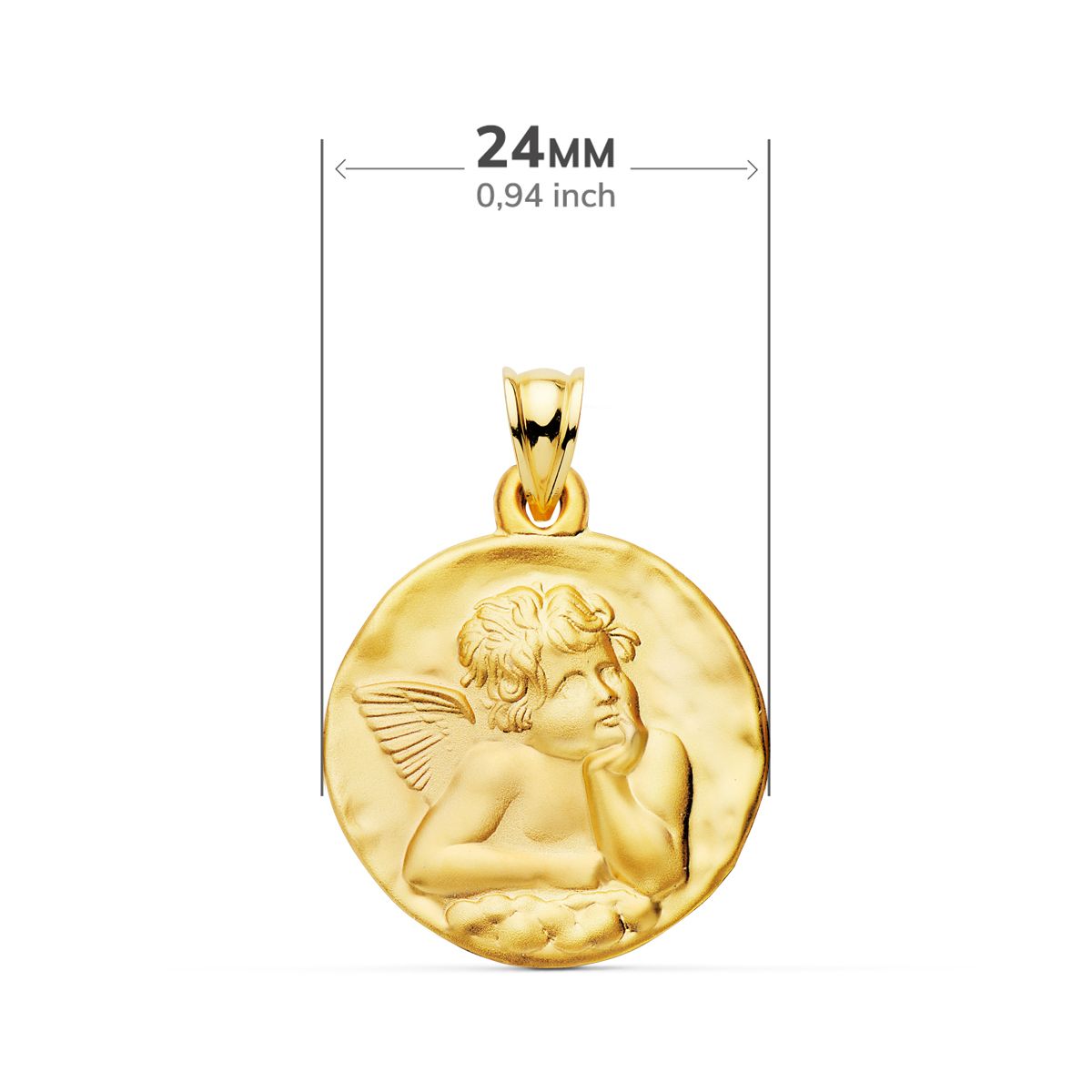 18K Round Yellow Gold Medal Naughty Little Angel Matte 24 mm