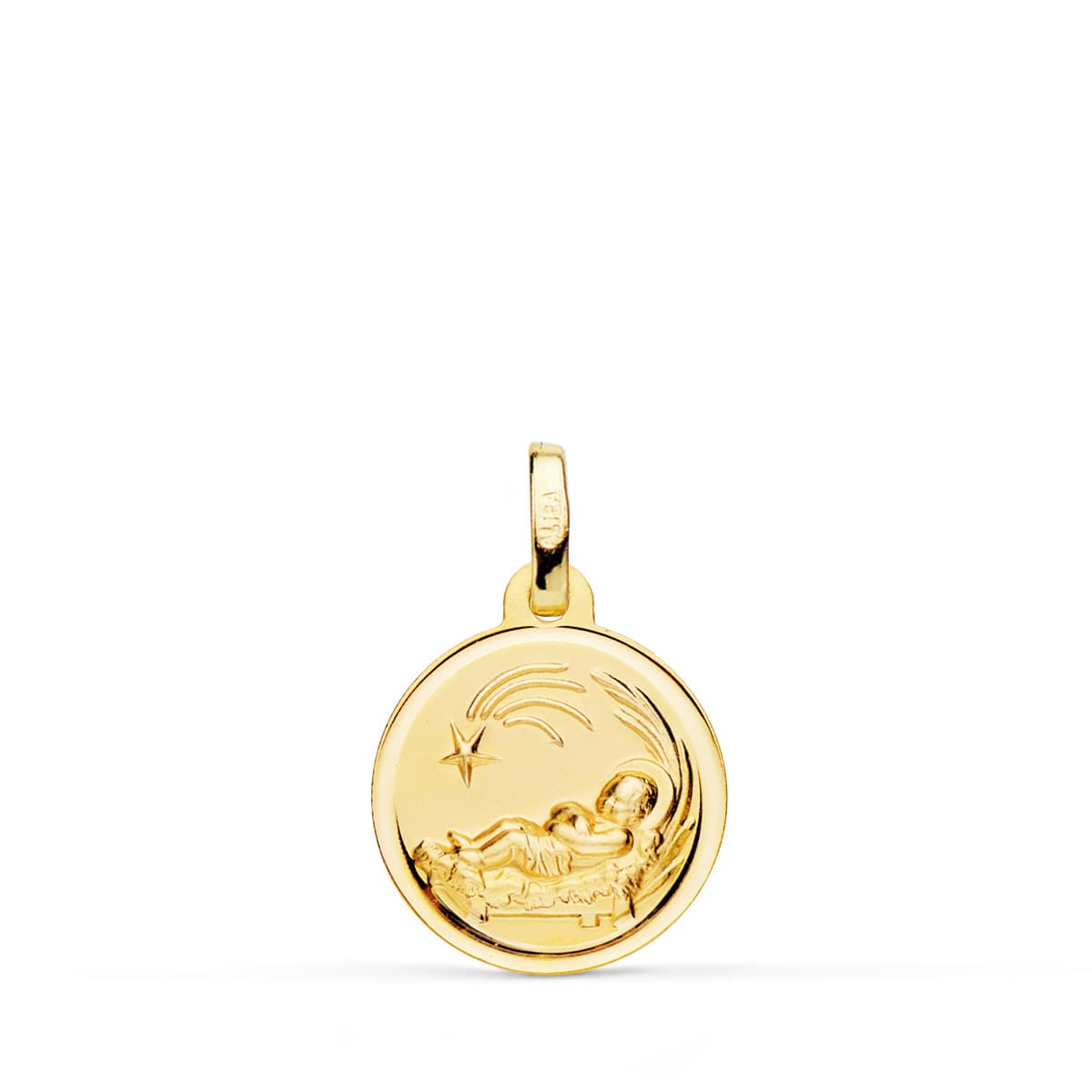 Médaille 18K Or Jaune Enfant De La Crèche Biseau 14 mm