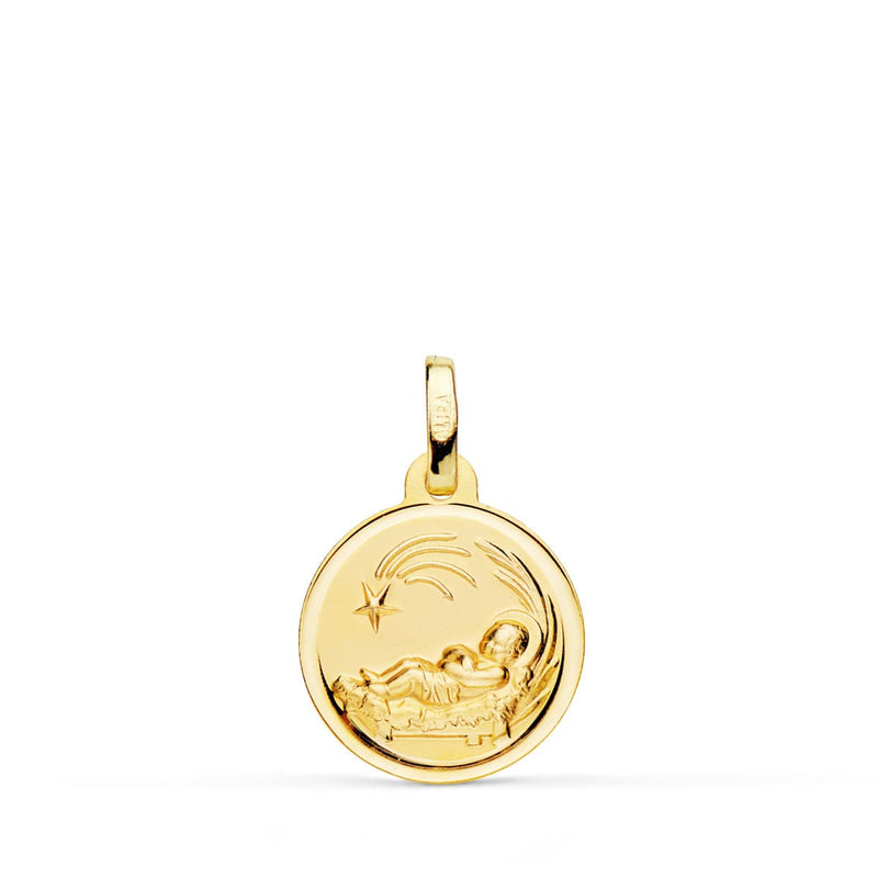 18K Medalla Oro Amarillo Niño Del Pesebre Bisel 14 mm