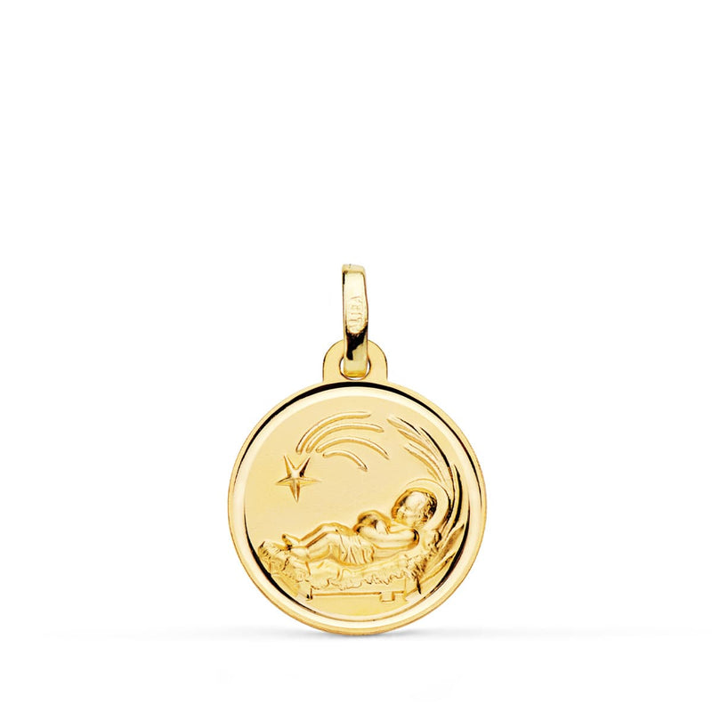 18K Medalla Oro Amarillo Niño Del Pesebre Bisel 16 mm