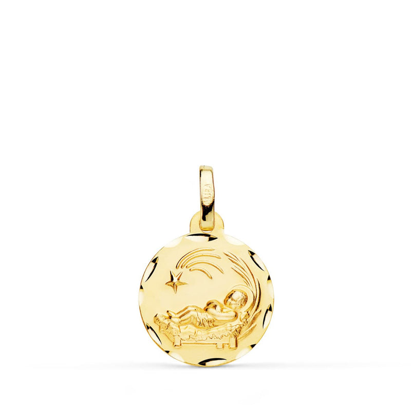 18K Yellow Gold Manger Child Medal Carved 14 mm