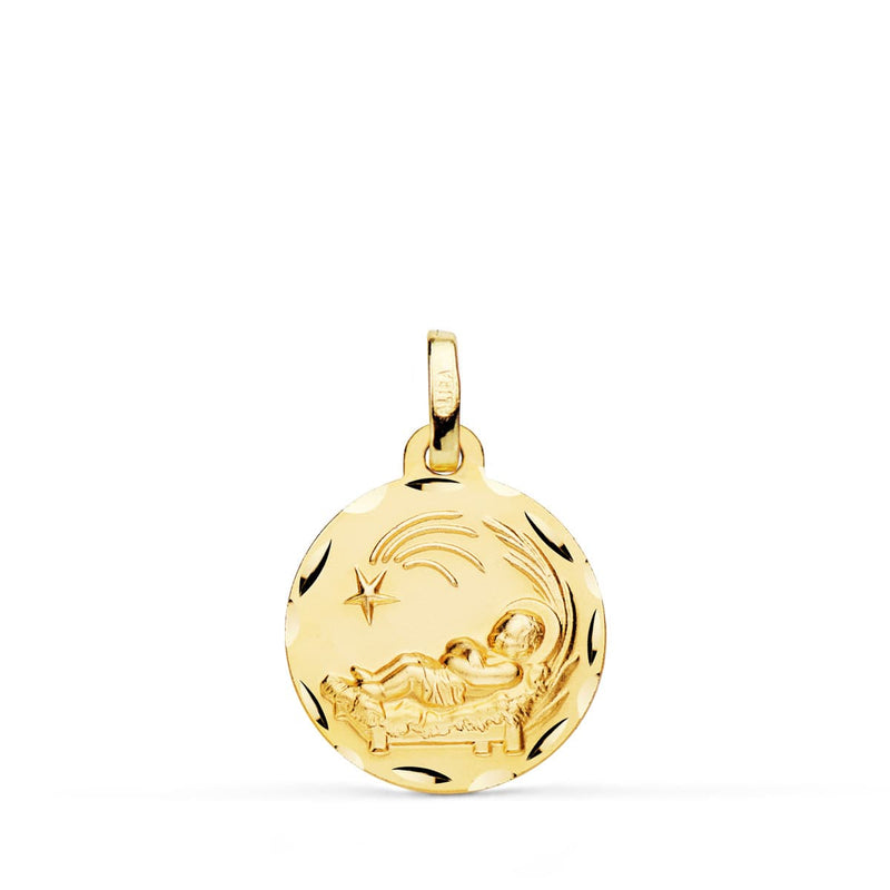 18K Medalla Oro Amarillo Niño Del Pesebre Tallada 16 mm