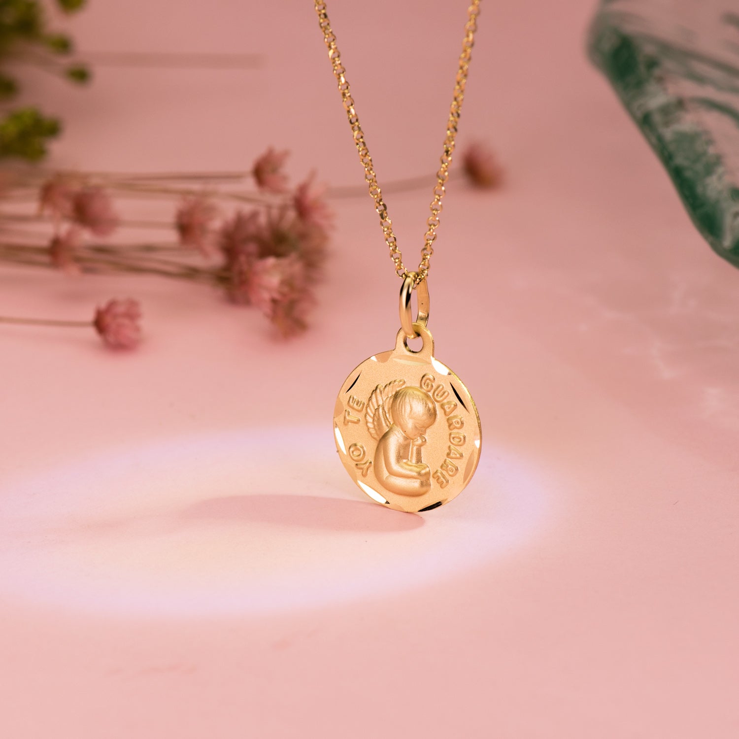 18K Carved Angel Medal "I Will Guard You" 14 mm