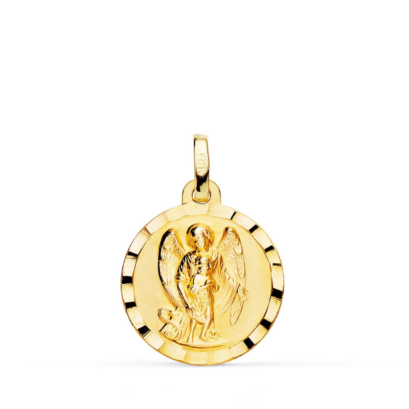 18K Yellow Gold Guardian Angel Medal Carved Edge 18 mm