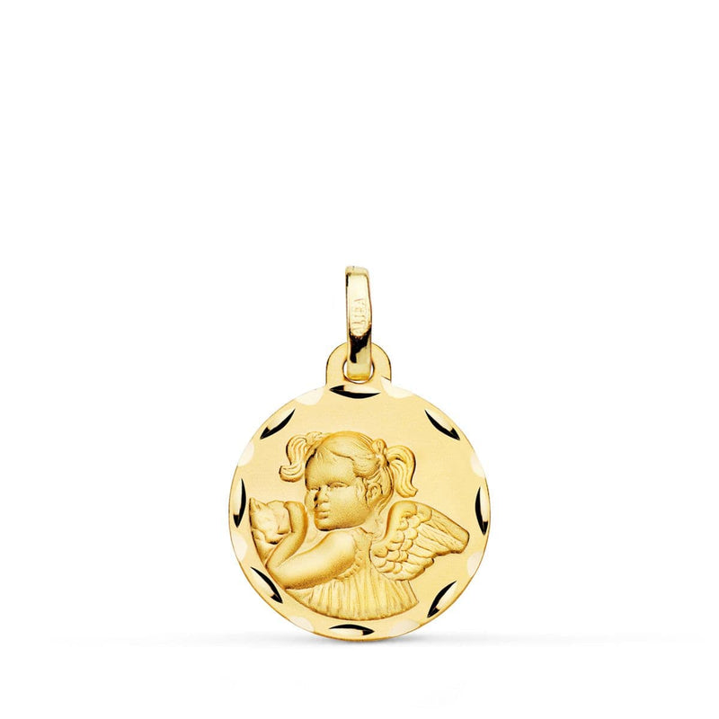 18K Medalla Oro Amarillo Angel Niña Revoltosa Tallada 16 mm