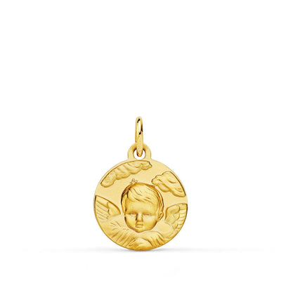 18K Yellow Gold Medal Angel Child On Cloud Shaded. 14 mm