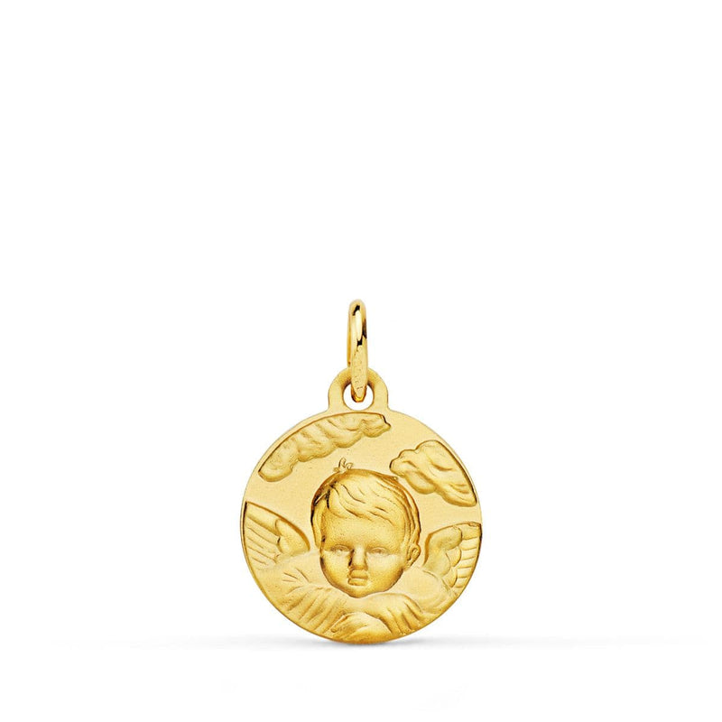 18K Medalla Oro Amarillo Angel Niño En La Nube Matizado. 14 mm