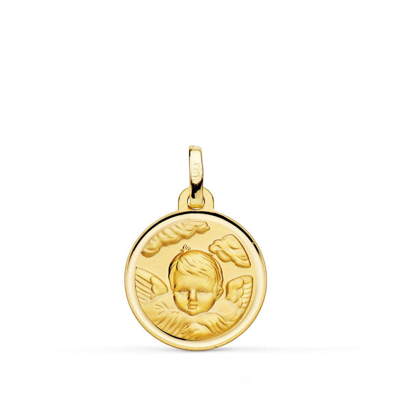 18K Medalla Oro Amarillo Angel Niño En La Nube Bisel 16 mm