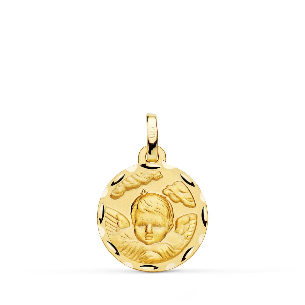 18K Yellow Gold Medal Angel Child in the Cloud Carved 16 mm