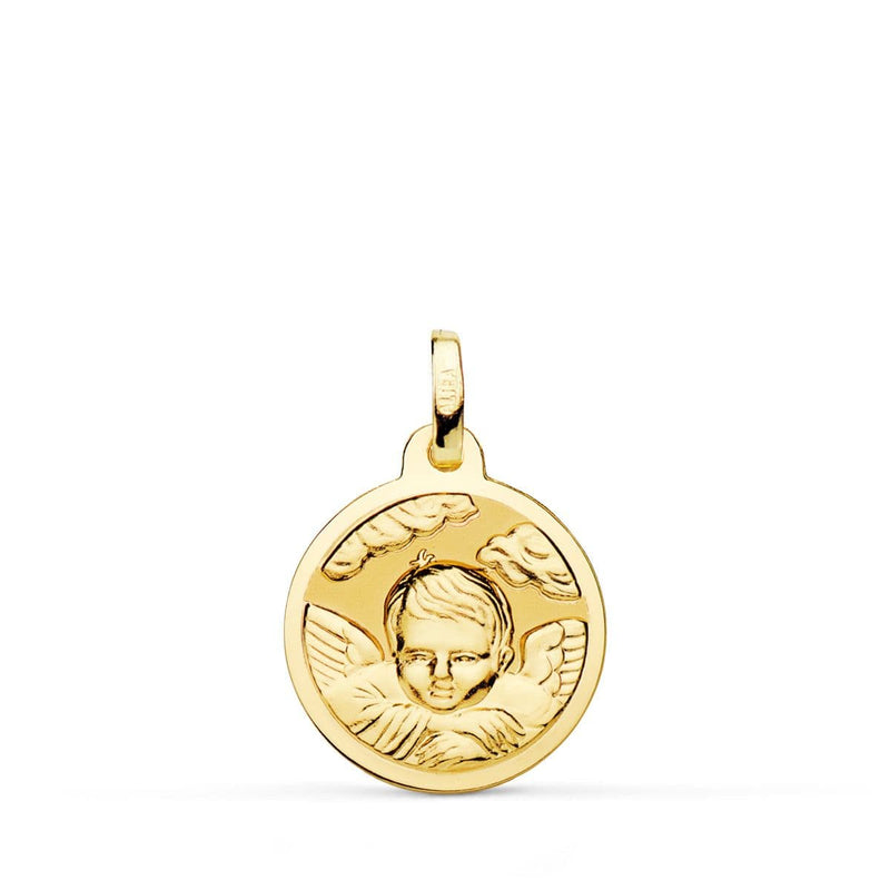 18K Medalla Oro Amarillo Angel Niño En La Nube Brillo 16 mm