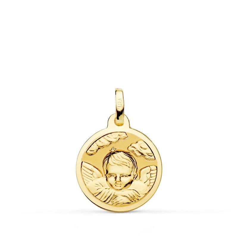 18K Yellow Gold Medal Angel Child On Cloud Shine 16 mm