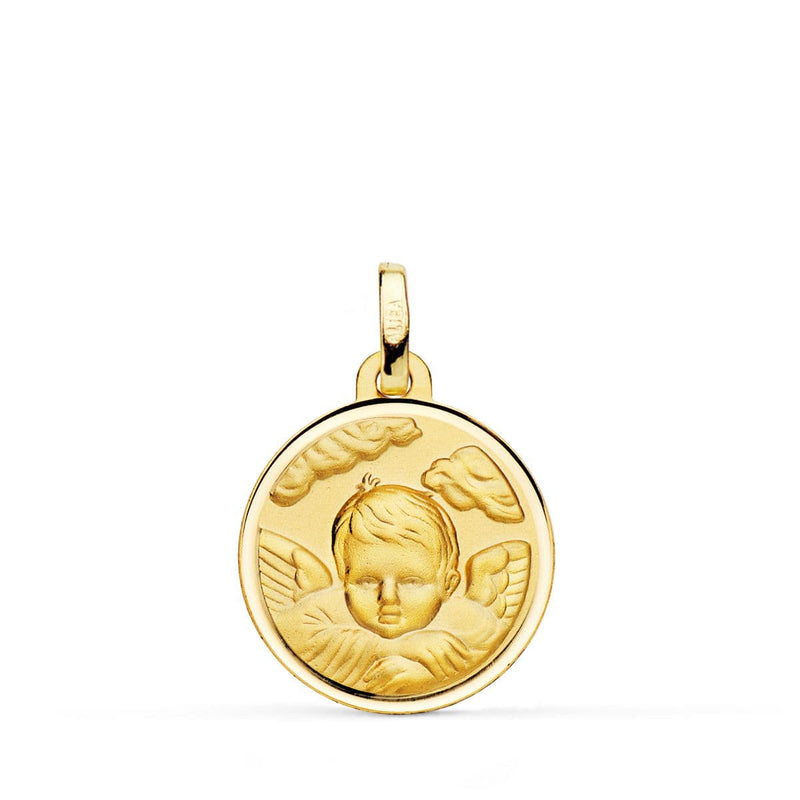 18K Medalla Oro Amarillo Angel Niño En La Nube Bisel 18 mm