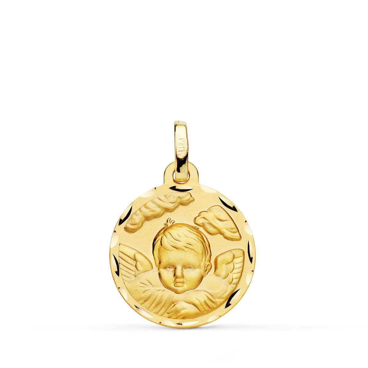 18K Yellow Gold Medal Angel Child in the Cloud Carved 18 mm