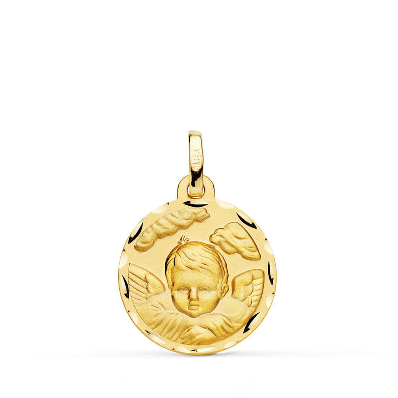 18K Yellow Gold Angel Child Medal in the Cloud Carved 18 mm