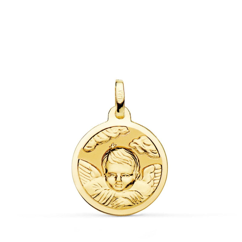 18K Medalla Oro Amarillo Angel Niño En La Nube Brillo 18 mm