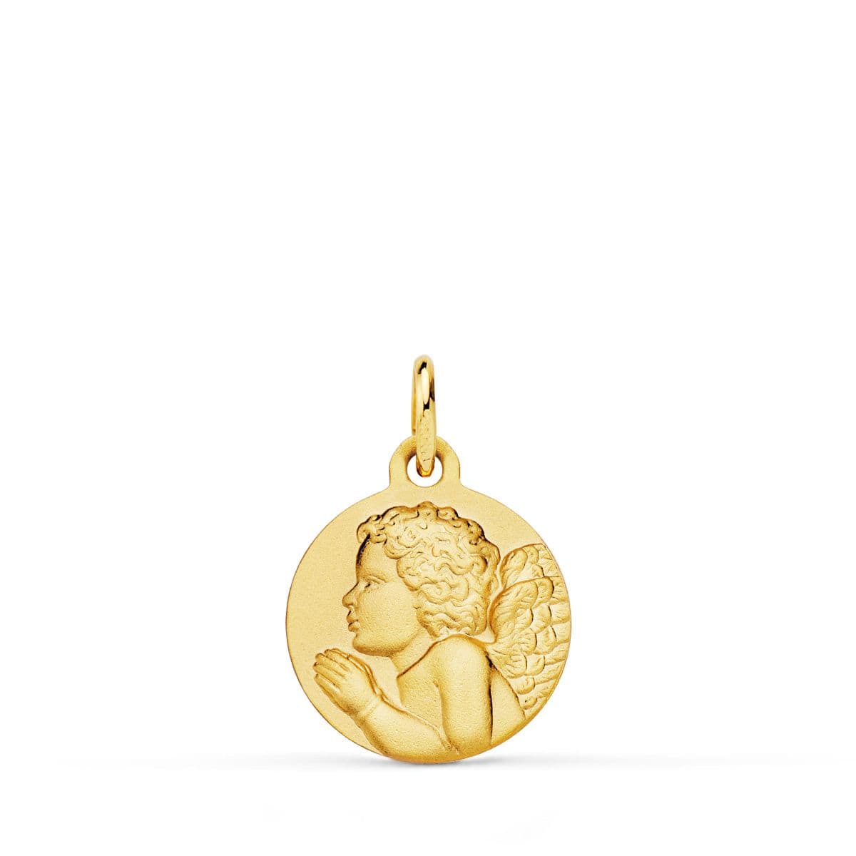 18K Yellow Gold Medal Pious Child Angel Praying Matte. 14 mm