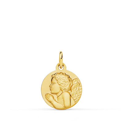18K Yellow Gold Medallion Pious Child Praying Matted. 14 mm