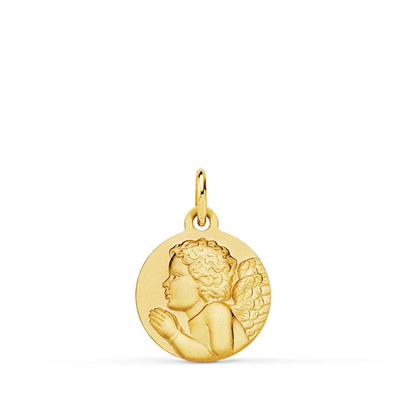 18K Medalla Oro Amarillo Angel Niño Piadoso Rezando Matizado. 14 mm