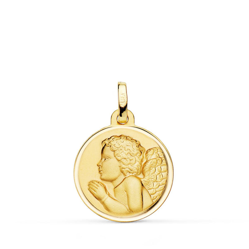 18K Medalla Oro Amarillo Angel Niño Piadoso Rezando Bisel 18 mm