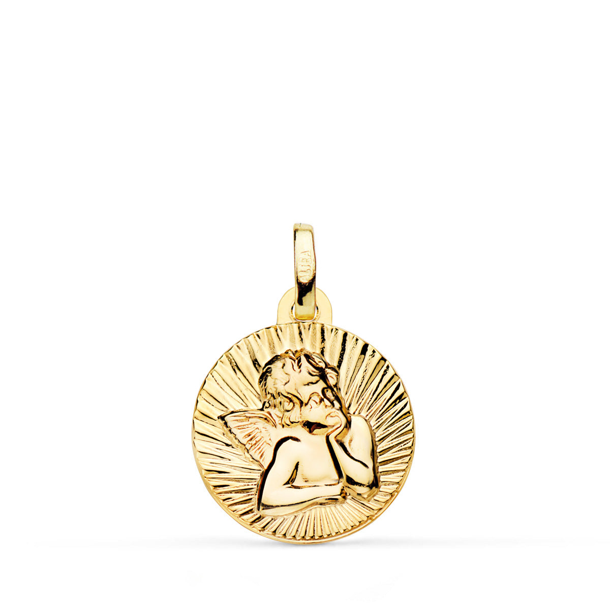 18K Yellow Gold Medal Little Mischievous Angel Striated in Shine 14 mm
