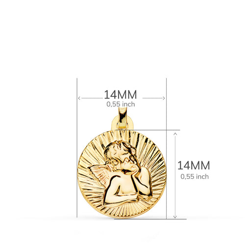 18K Yellow Gold Medal Burlon Striated Shiny Angel 14 mm