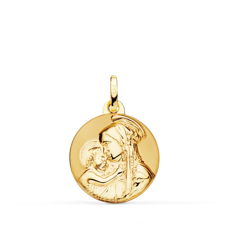 18K Medalla Madre Divina Ternura Brillo Y Mate 18 mm