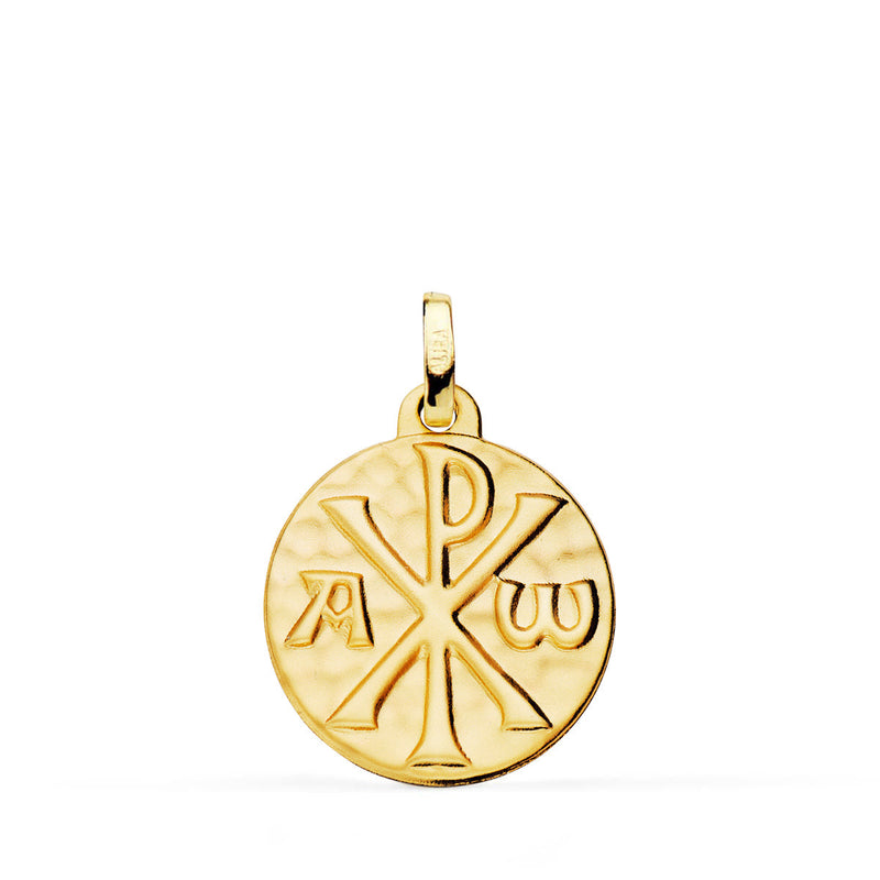 18K Medalla Oro Amarillo Cruz De Crismon Martele  18 mm