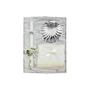 Baptism Pack Candle with Bow, Linen Cloth and Silver Plated Shell 