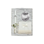 Baptism Candle Pack with Bow, Linen Cloth and Silver Plated Shell with Cross 