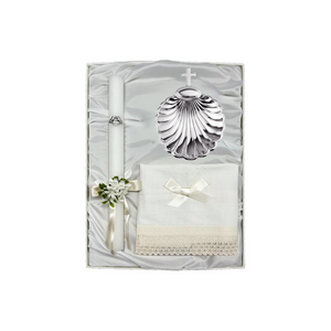 Baptism Pack Candle with Bow, Linen Cloth and Silver Plated Shell with Cross 