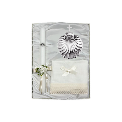 Pack de Bautizo Cirio con Lazo, Paño de Lino y Concha Baño Plata con Cruz