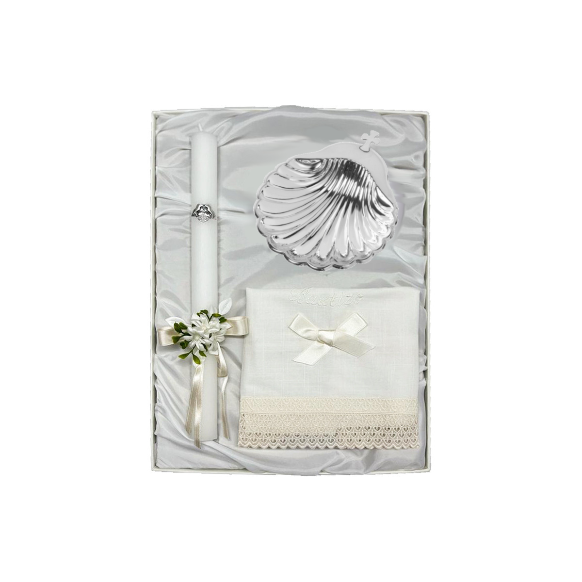 Baptism Pack Candle with Bow, Linen Cloth and Silver Shell Spain