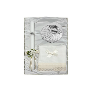 Christening Pack Candle with Bow, Linen Cloth and Silver Shell Spain 