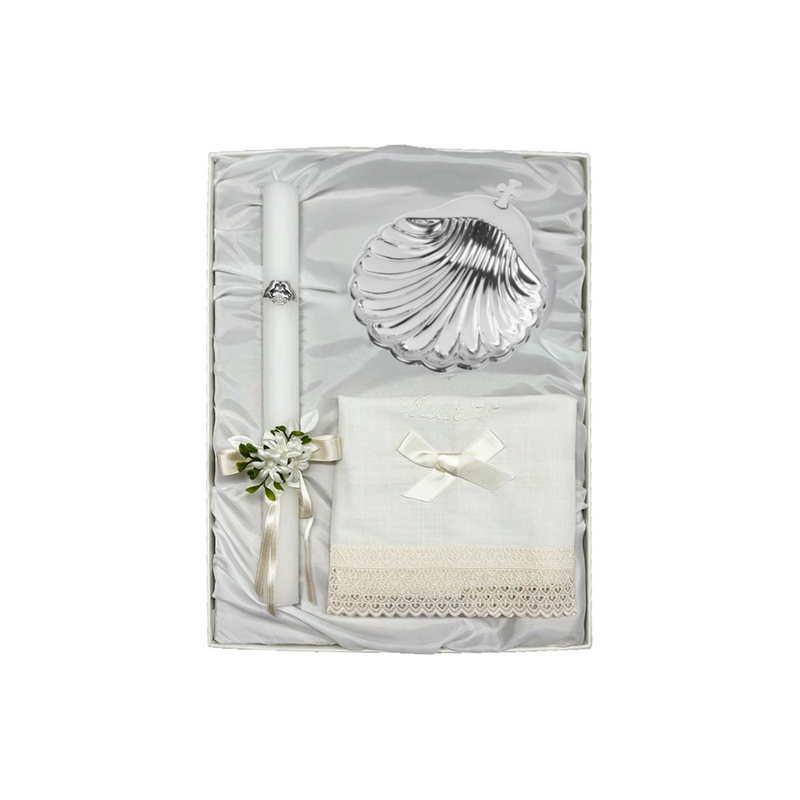 Baptism Candle Pack with Bow, Linen Cloth and Silver Shell Spain 