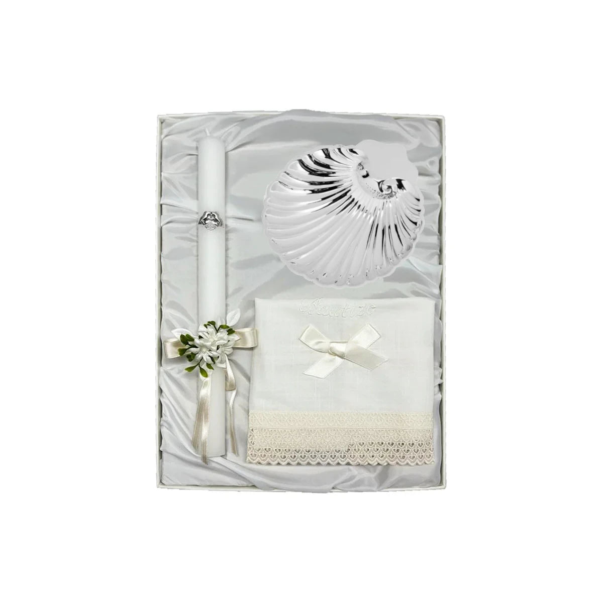 Baptism Pack Candle with Bow, Linen Cloth and Silver Shell Rome