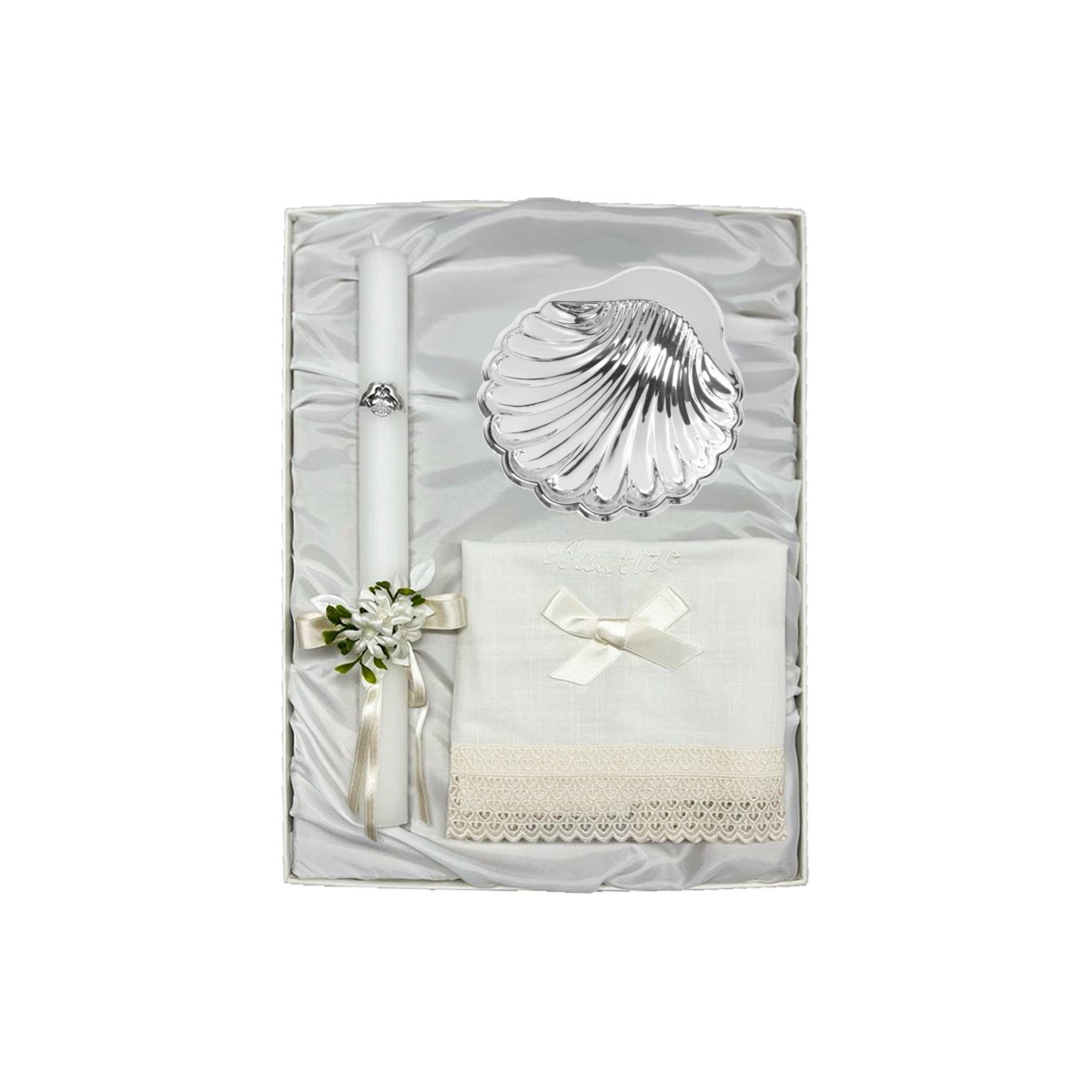 Baptism Pack Candle with Bow, Linen Cloth and Silver Shell Portugal