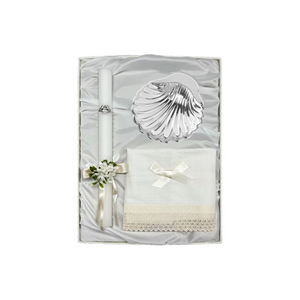 Baptism Pack Candle with Bow, Linen Cloth and Silver Shell Portugal 