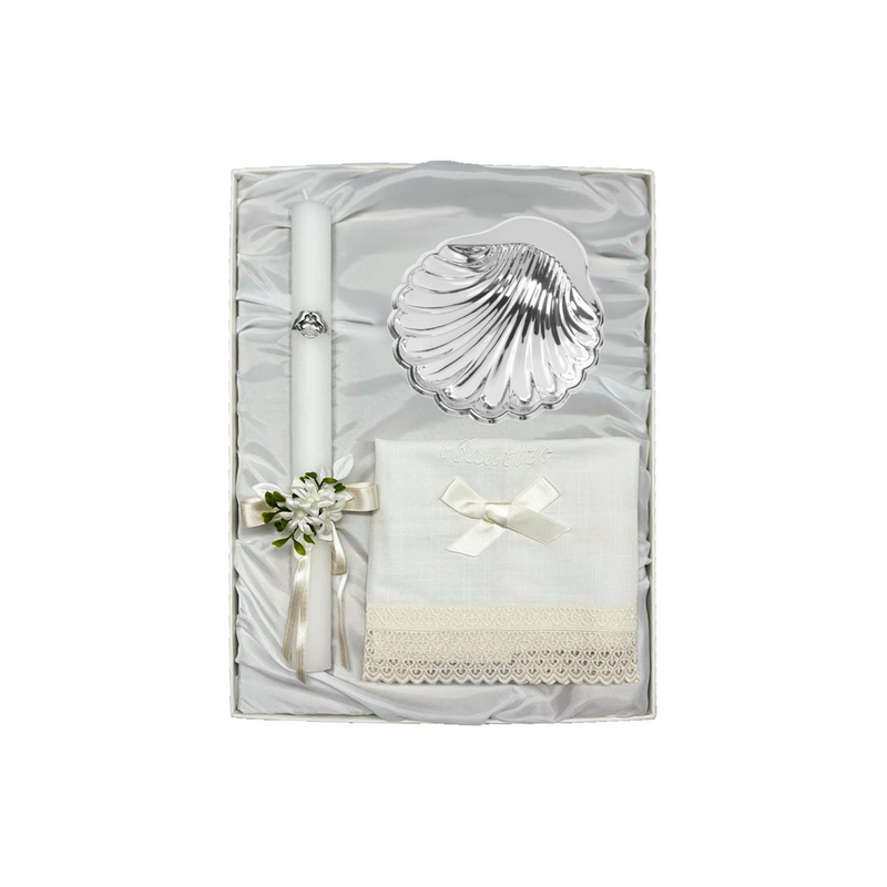 Baptism Candle Pack with Bow, Linen Cloth and Silver Shell Portugal 