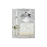 Baptism Candle Pack with Bow, Linen Cloth and Silver Roma Shell 