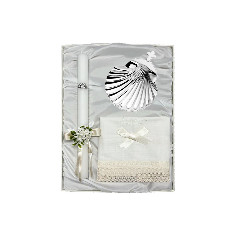 Baptism Pack Candle with Bow, Linen Cloth and Silver Roma Shell 
