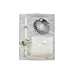 Baptism Pack Candle with Bow, Linen Cloth and Silver Shell Rome without Cross 