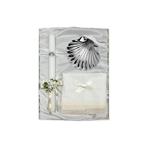 Baptism Pack Candle with Bow, Linen Cloth and Silver Roma Shell without Cross 