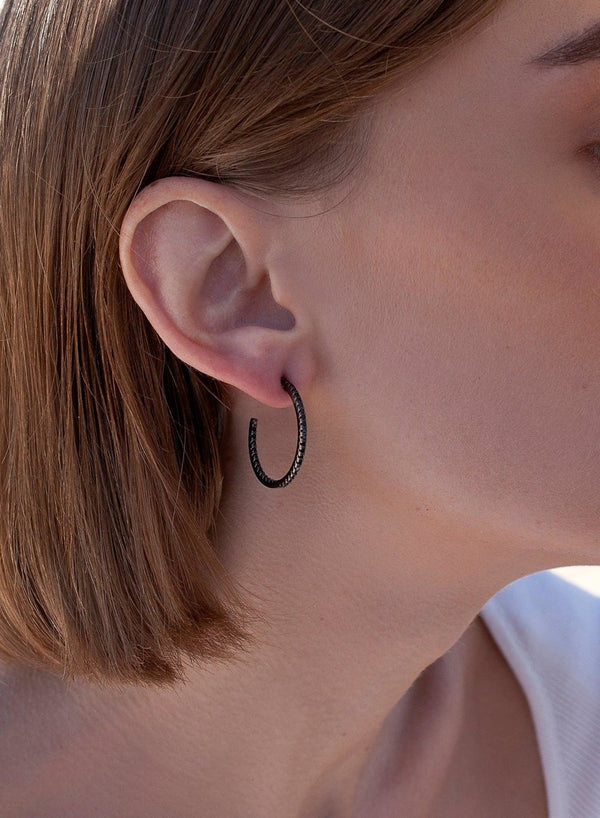 Pendientes Aro Plata Diseño Circonitas en Negro 25 mm