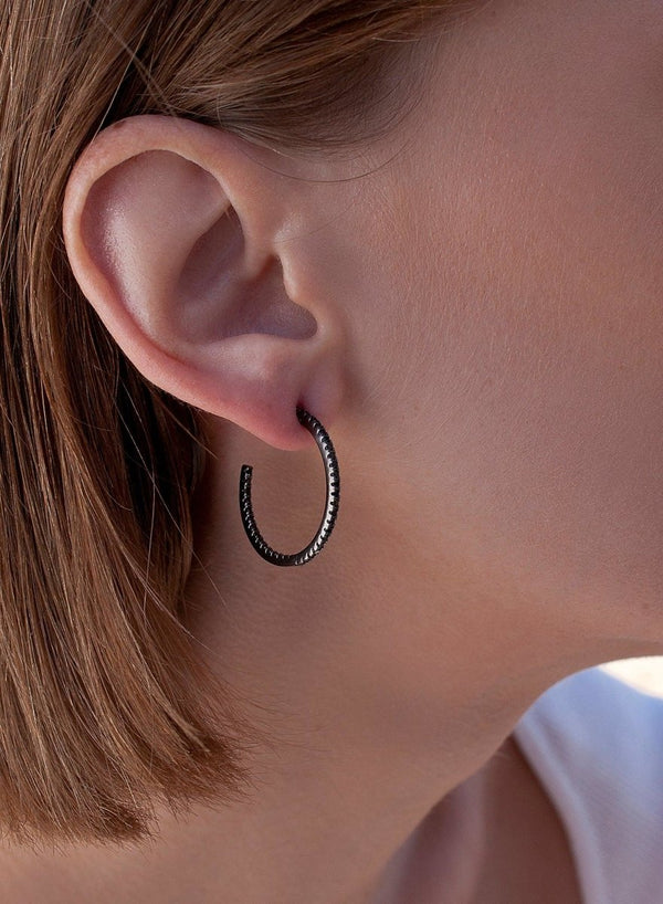 Pendientes Aro Plata Diseño Circonitas en Negro 25 mm