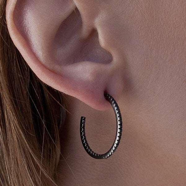 Silver Hoop Earrings with Black Zirconia Design 25 mm