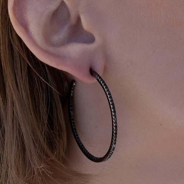 Large Silver Hoop Earrings with Thick Black Zirconia Setting 45 mm