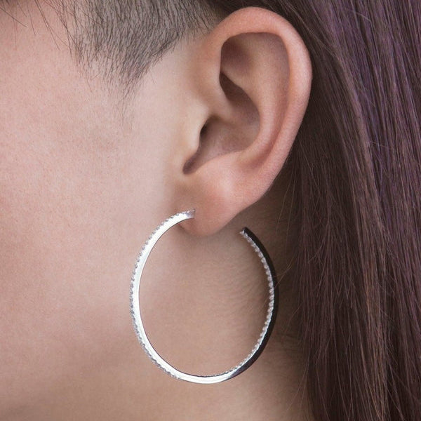 Large Square Silver Hoop Earrings with Zirconia Contour 44 mm