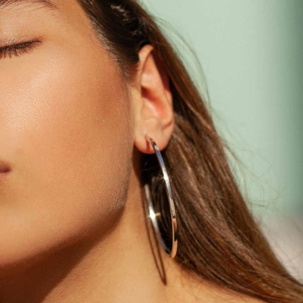 Large hoop earrings smooth silver and square design 65 mm