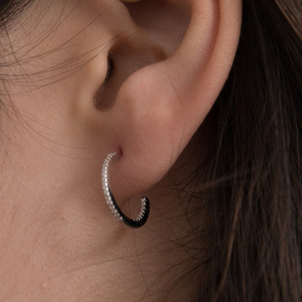 Silver Mini Hoop Earrings with White Zirconia Setting 15 mm