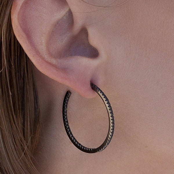 Large Silver Square Hoop Earrings with Black Zirconia Contour 34 mm